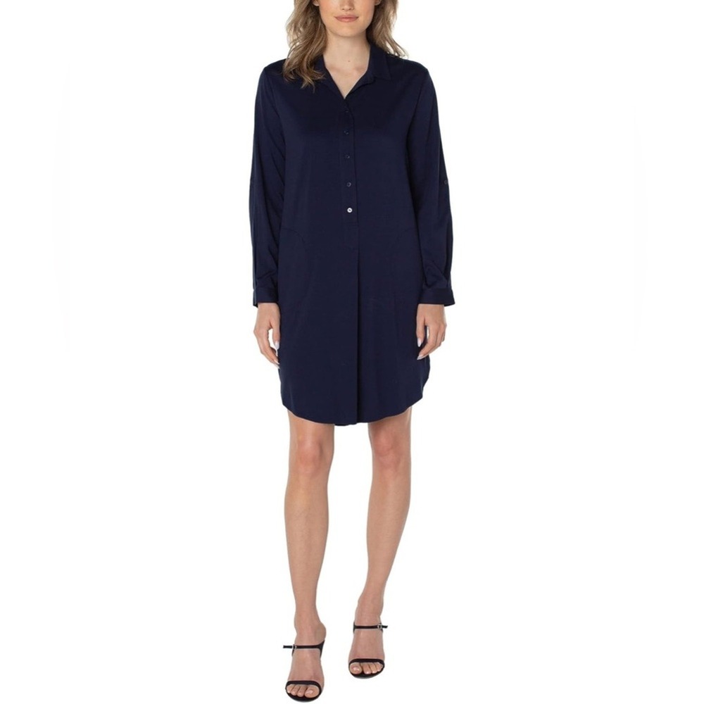Liverpool Popover Shirtdress Collar Long‎ Sleeve Button Front Navy NWT Size L